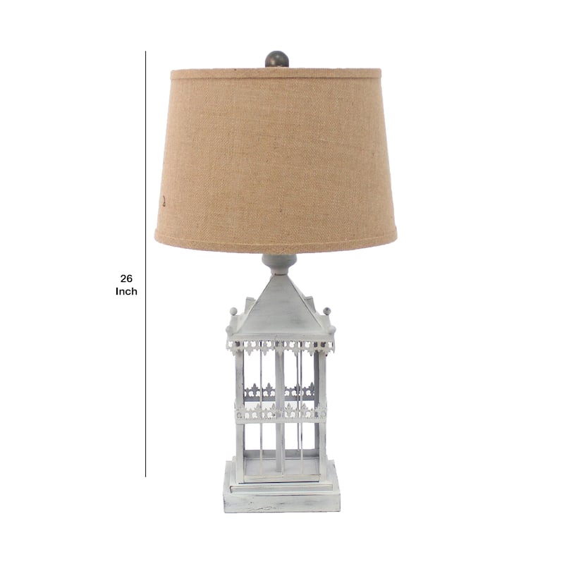 Metal Temple Design Base Table Lamp with Fabric Shade, Beige and Gray