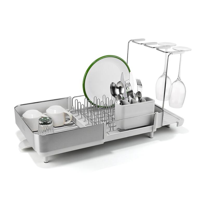 Extend Steel Plus Expandable Dish Rack with Wine Glass Holder - Light Stone