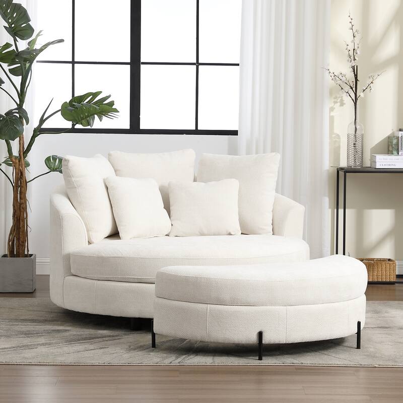 Modern Sofa Chair Round Accent Barrel Chair With 5 Pillows and Storage Ottoman - Set/Beige/Chenille
