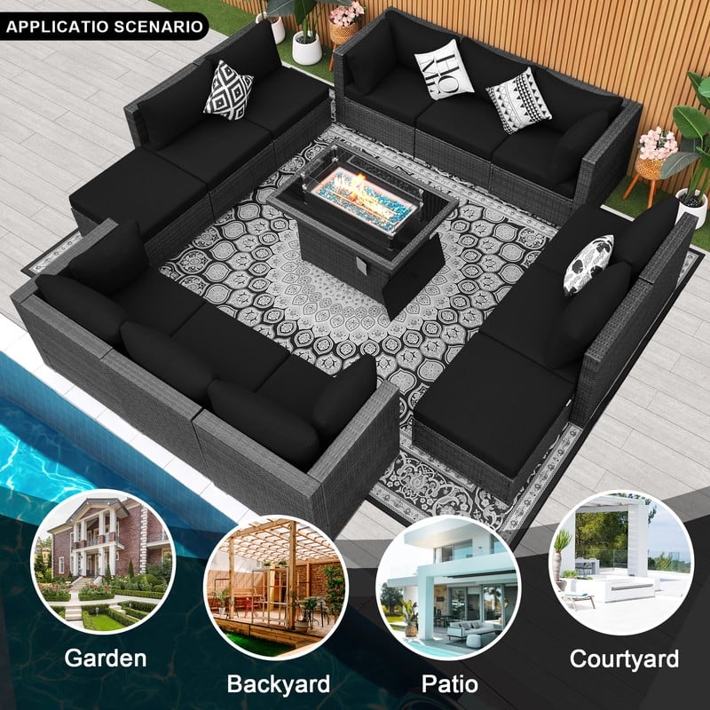 FINCATI Outdoor Grey Wicker Sectional Furniture Patio Sofa Set with Firepit Table