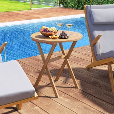 Natural Acacia Wood Folding Side Table with Slatted Top and X Shaped Frame for Patio or Garden - 26"Dia x 27"H