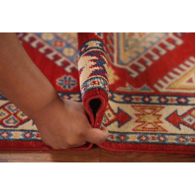 Geometric Kazak Oriental Accent Rug Hand-Knotted Red Wool Carpet - 2'7"x 3'8"