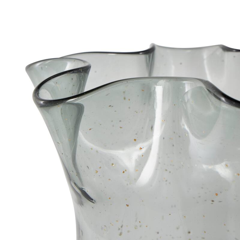 Black Glass Tulip Inspired Wide Floral Vase with Wavy Opening and Gold Speckles