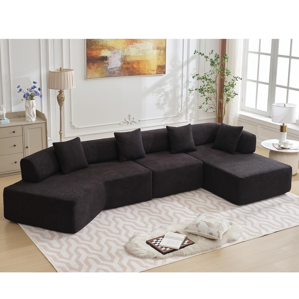 Black 140" Oversized Boucle Upholstered L-Shaped Modular Sectional Sofa, 3-piece Free Combination, No Assembly Required