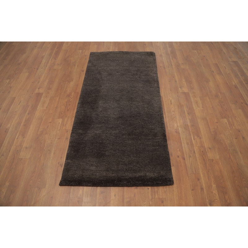Hand Knotted Oriental 100% Wool Carpet Modern Solid Brown Gabbeh Runner Rug - 4' 9'' X 2' 3''