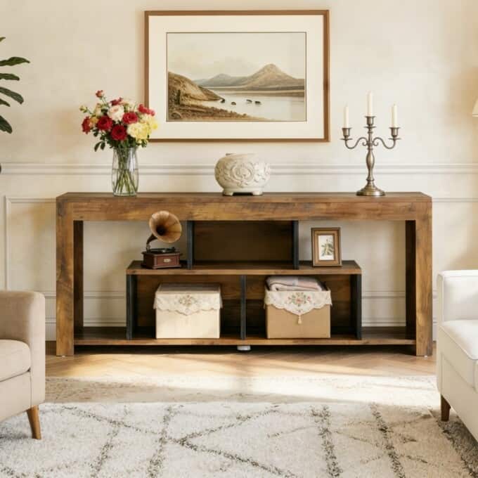 63" Rustic Wooden Console Sofa Table, Long Entryway Table with Storage