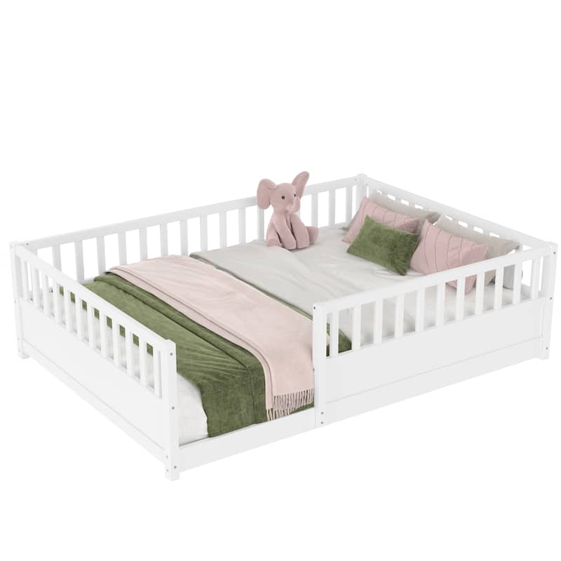 Floor Bed Pine Wood Bed Frame with Fence for Kids Easy Assembly