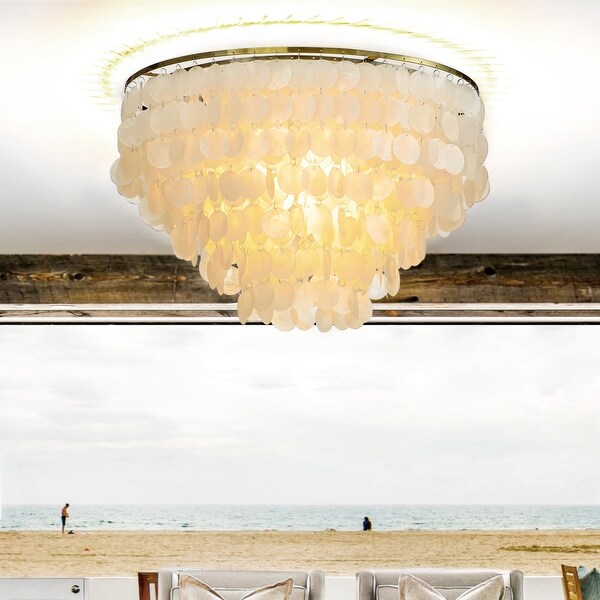 6 Light Coastal Natural Capiz Shell Tiered Flush Mount Ceiling LIght With Antique Gold Metal On Sale Bed Bath Beyond 36758221