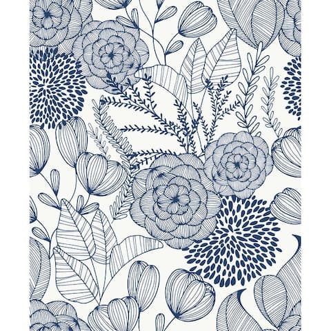 Navy/ White Secret Garden Floral Pattern Peel-and-Stick Wallpaper - 216in x 20.5in x 0.025in
