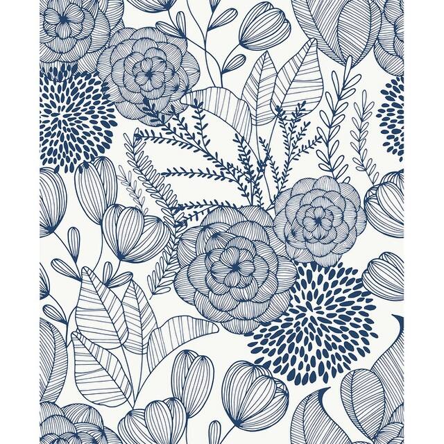 Navy/ White Secret Garden Floral Pattern Peel-and-Stick Wallpaper - 216in x 20.5in x 0.025in