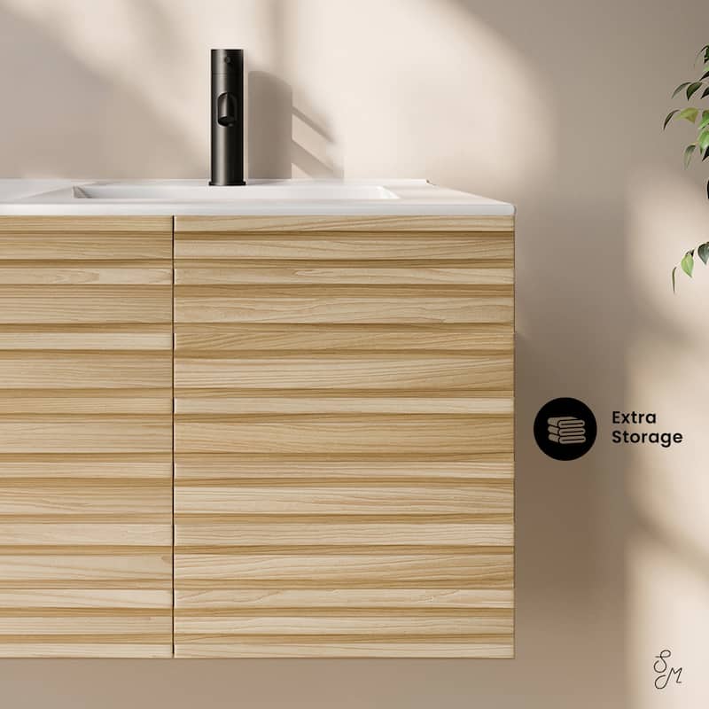 Cascade 48" Wall-Mounted Bathroom Vanity In Natural Oak With Double Basin Sink Top - 48