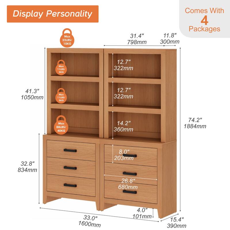 3-Tier Bookshelf with 3 Large Drawers, 74" Tall Farmhouse Bookcase with Wide Metal Handles, for Living Room, Office, Library