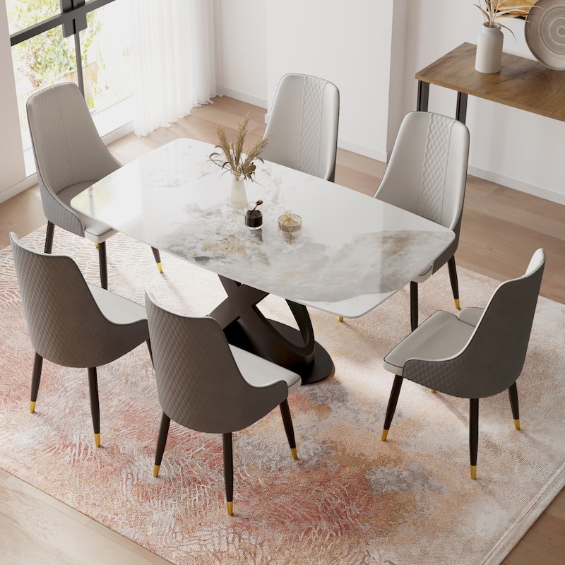 Marble Dining Table, Slate Panel with Metal Pedestal - 63 inch - Off White