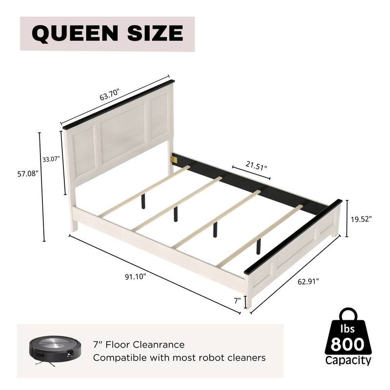 Roundhill Furniture Realynn 5-Piece Wood Bedroom Set, Panel Bed with Dresser, Mirror, and 2 Nightstands, Off-White Finish