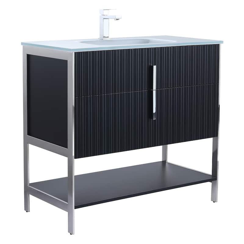 Fine Fixtures Serenity Modern Bathroom Vanity with White Glass Top - Black Matte - Chrome Hardware - 36 inch