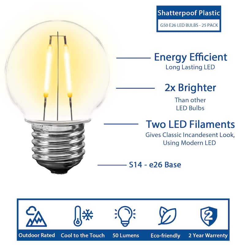 25 Pack LED G50 Plastic 2 Filament Outdoor Globe Replacement Bulbs E26 Base Warm White
