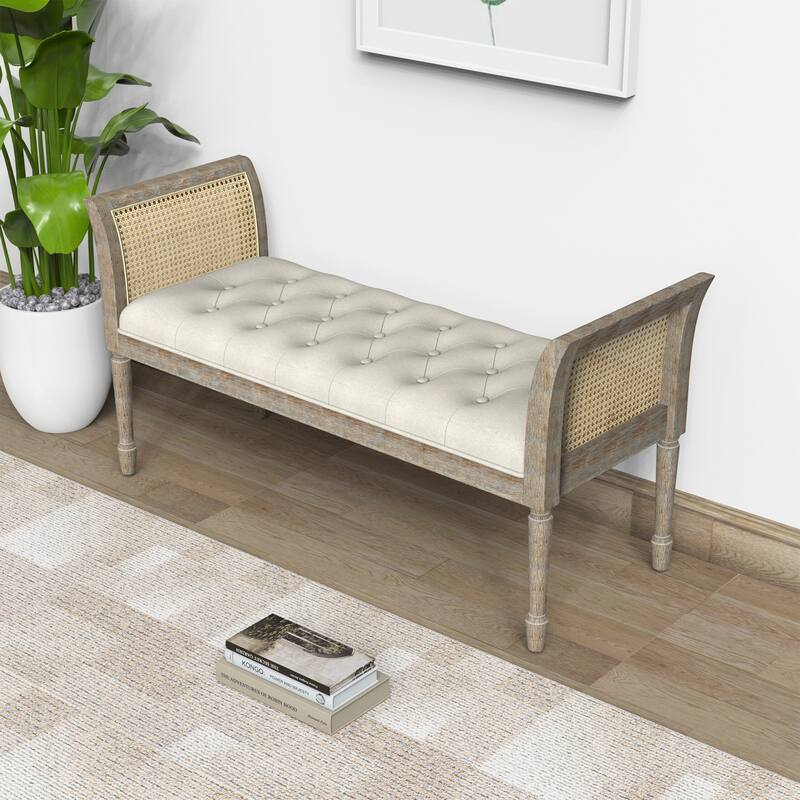Dilwen Wooden Tufted Upholstered Bench with High Flared Rattan Arms