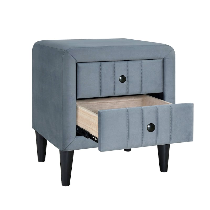 2 Drawers Brushed Linen Fabric Nightstand with Tapered Shape Legs