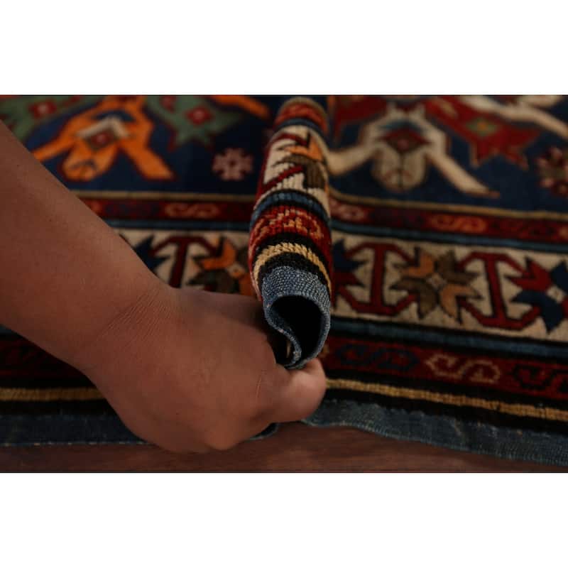 Navy Blue Geometric Kazak Vegetable Dye Wool Carpet - 3'5" x 5'2"