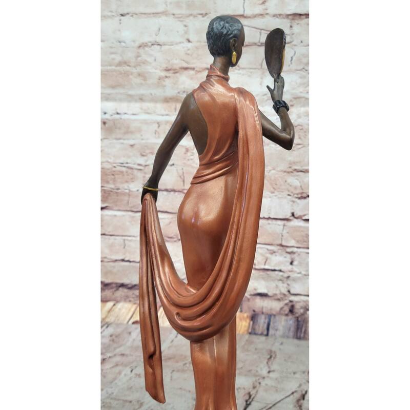 J. Erte Art Deco Bronze Lady With Mask – Elegant Figurine In Flowing Dress On Marble Base