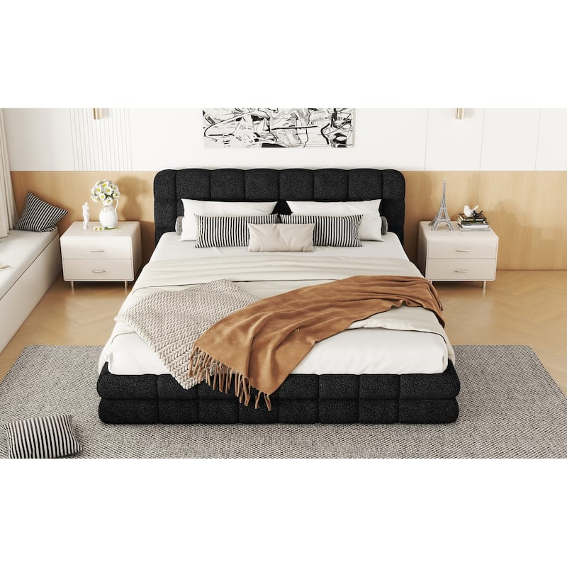Queen Size Upholstered Platform Bed in Black with Headboard and Sturdy Construction