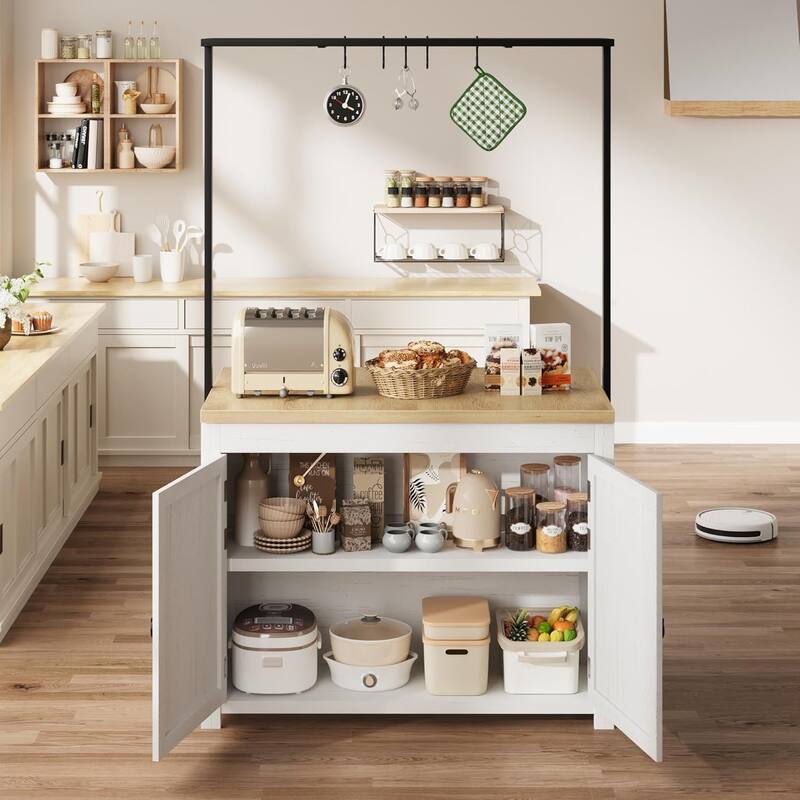 41" Kitchen Island with Storage, 1.2" Countertop with Double Shelves, 5 Hooks, Metal Coffee Bar Table, Black