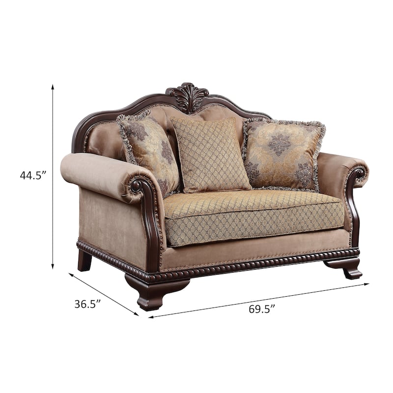 Louis Espresso and Beige Loveseat with 3 Pillows