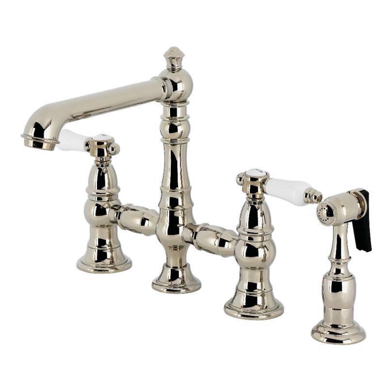 Kingston Brass Bel-Air Two-Handle 4-Hole Deck Mount Bridge Kitchen Faucet with Brass Side Sprayer - Polished Nickel