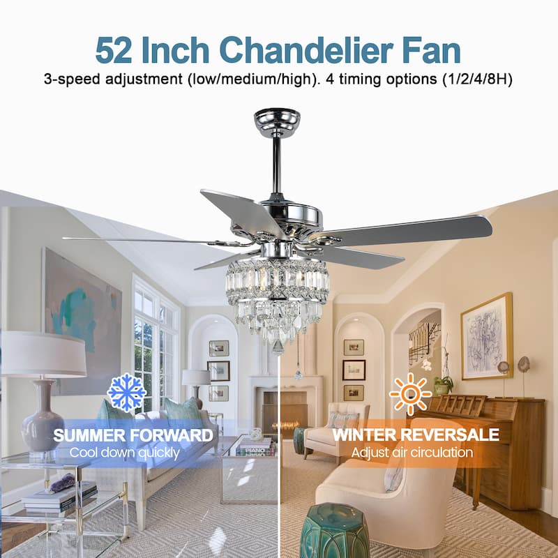 CurveCurio 52-inch Classic Ceiling Fan with Crystal Light Shade, 3 Light, Remote Control and Pull Chain Control for Living Room