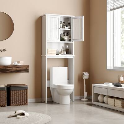 Over The Toilet Storage Cabinet, Free Standing with Breathable Rattan Cabinet Door