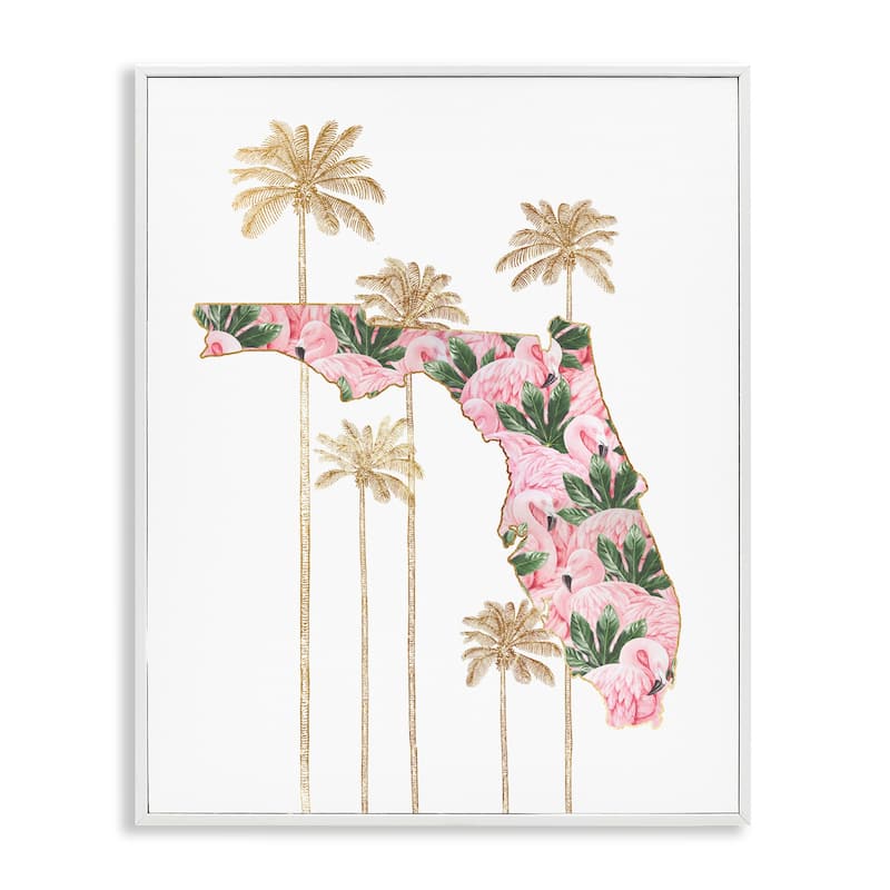 Stupell Flamingo Print Florida State with Palm Trees Framed Wall Art - 16 x 20 - White