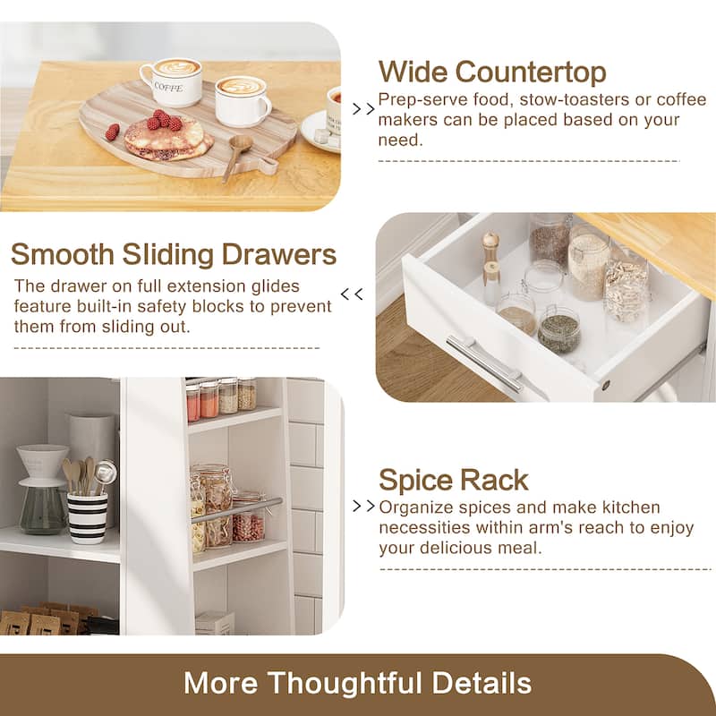 Rolling Kitchen Island with Storage Cabinet & Spice Rack & Drawer – Rubber Wood Top