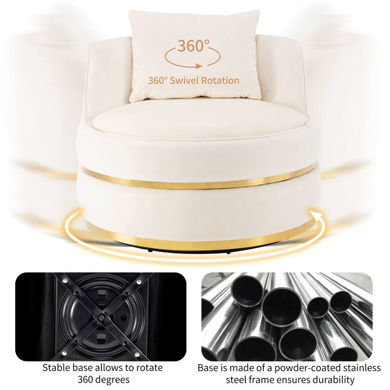 360° Swivel Accent Chair, Velvet Round Barrel Chair, Leisure Sofa Chair with Gold Rim Base, Padded Seat & Throw Pillows
