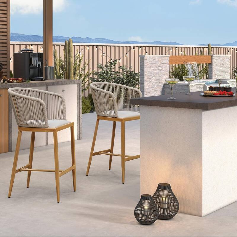 PURPLE LEAF Outdoor Bar Stools Chair Set of 2, All Weather Rattan and Aluminum Patio Bar Stool with Cushion - Brown-Height stool