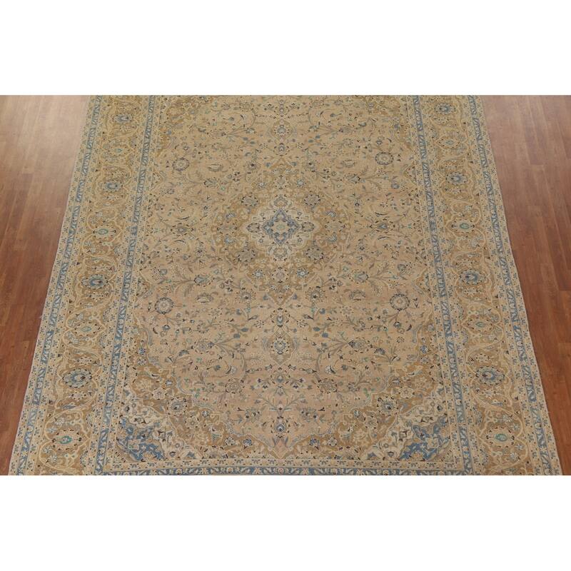 Hand Knotted Oriental 100% Wool Carpet Traditional Floral Beige & Ivories Kashan Area Rug - 13' 3'' X 9' 8''