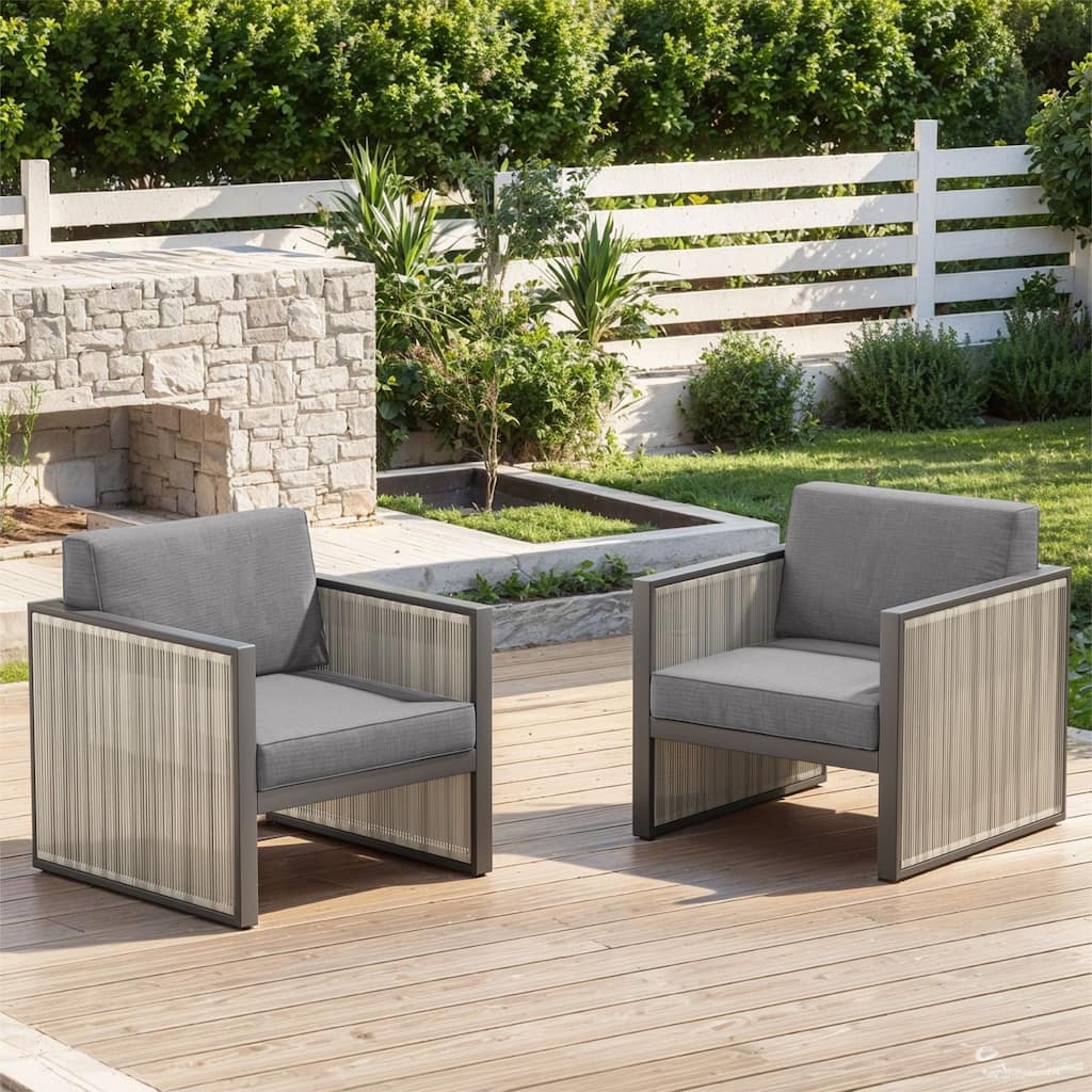 2 Piece Wicker Rattan Chairs Set with High Back Chair - Light Gray