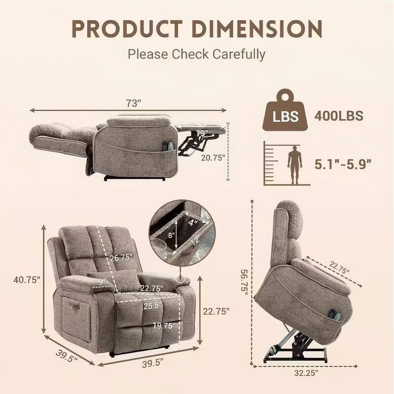 Power Lift Recliner with Extended Footrest,Overstuffed Chenille Dual Motor Recliners with Heat/Message,USB Type C Charging