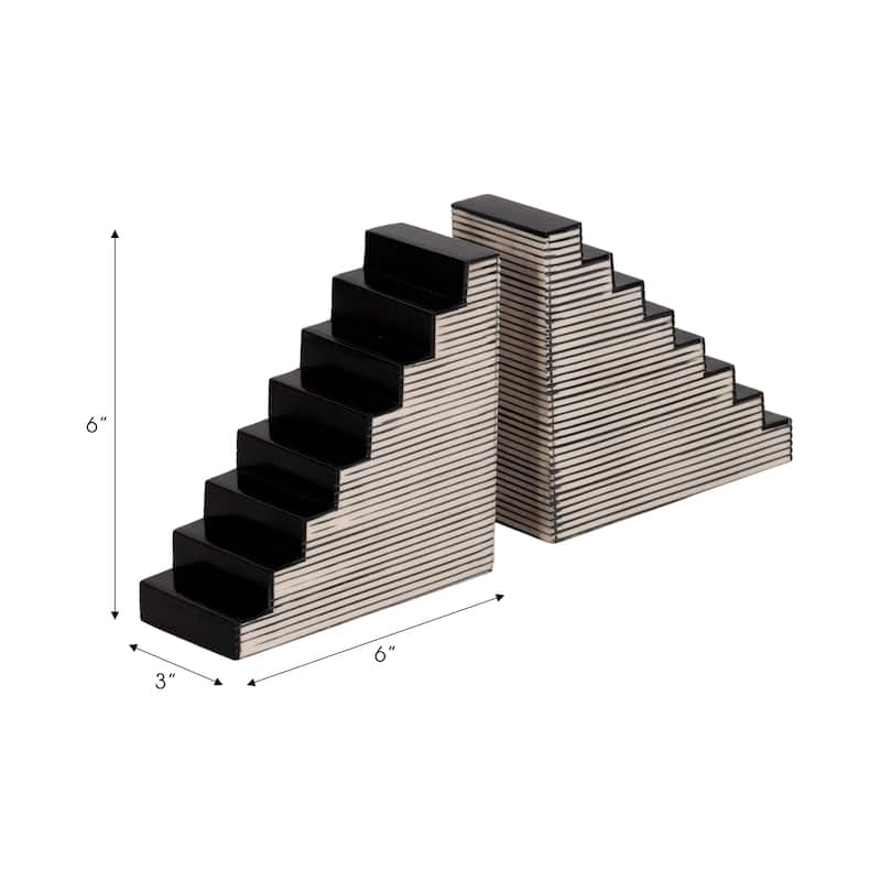 Decorative Striped Stair-Step Bookends - Set of 2, 6", Black & White - 6.0"