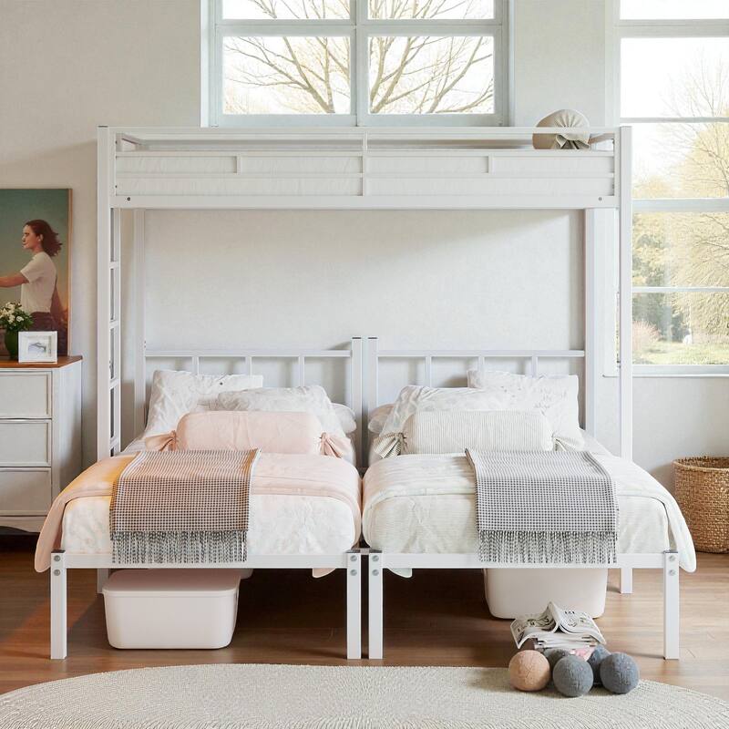 Metal Twin Over Twin Over Twin Triple Bunk Bed with Safety Guardrails, Ladder, Convertible 3 Beds, Heavy-Duty Frame