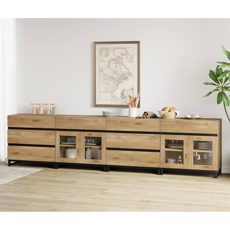 4-in-1 Multifunctional Sideboard Buffet with 8 Drawers & Glass Doors, Modern Credenza with Adjustable Shelf & Metal Base. - 126 inches - Oak