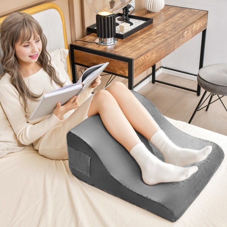 Bed Wedge Pillow with Tablet Pillow Stand and Side Pockets Grey