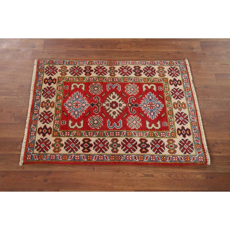 Hand Knotted Oriental 100% Wool Carpet Traditional Geometric Red Kazak Area Rug - 3' 0'' X 2' 1''
