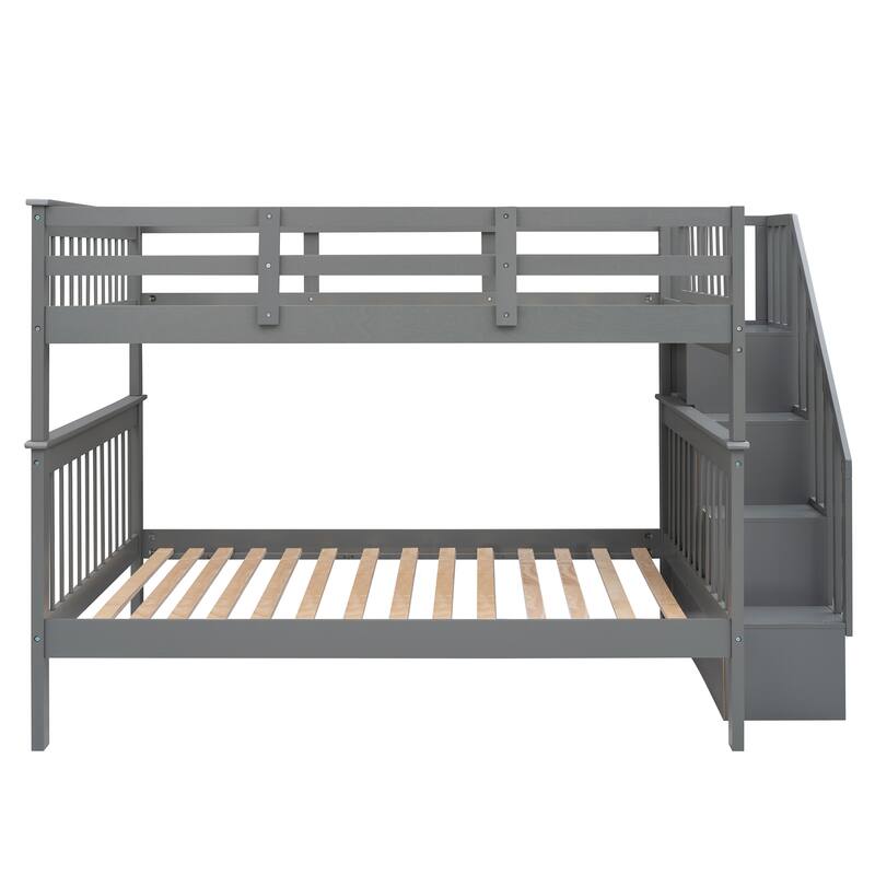 Stairway Bunk Bed, Can Be Divided into Two Individual Bedframe, Solid Wood Bedfram with Storage Stairs & Guard Rail for Bedroom
