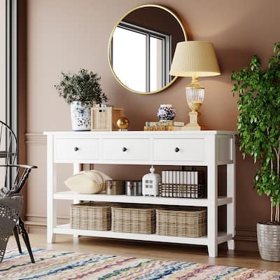 Pine Solid Wood Console Table with Two Open Shelves