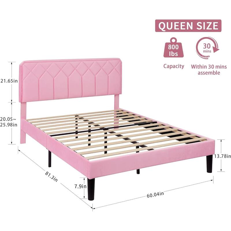 VECELO Pink Velvet Upholstered Bed Frame with Adjustable Headboard No Box Spring Needed Under Bed Storage Platform Bed