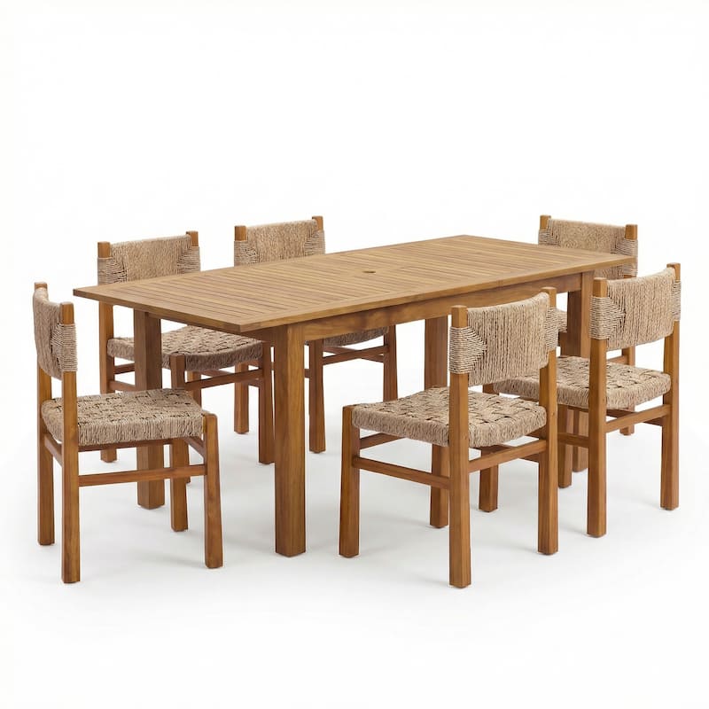 Christopher Knight Home - 7-Piece Acacia Wood Outdoor Dining Table Set with Wicker Dining Chairs and 79" Expandable Table