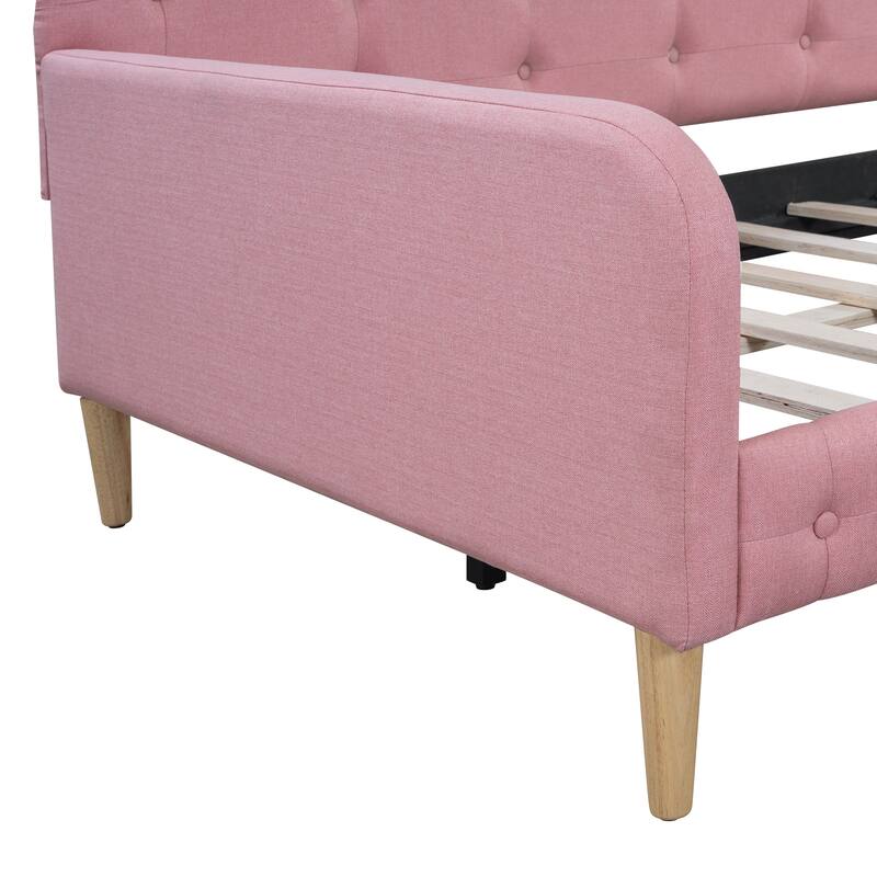Tufted Upholstered Daybed with 4 Solid Pine Legs, Linen Fabric Sofa Bed Frame, Wooden Slat Support, Easy Assemble