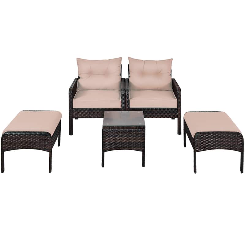 Costway 5 PCS Rattan Wicker Furniture Set Sofa Ottoman W/Brown Cushion