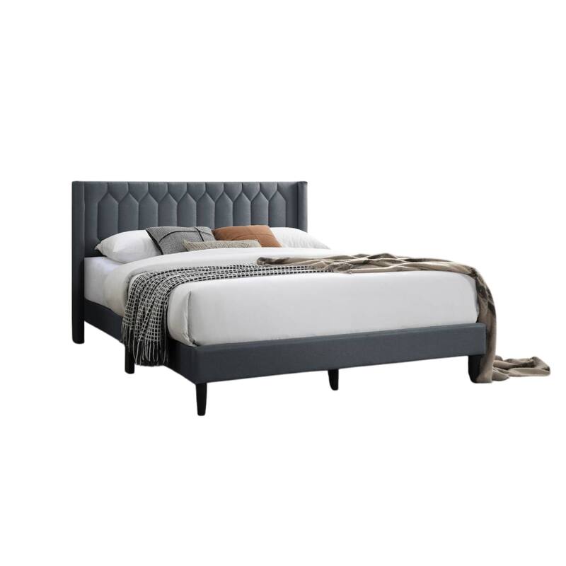 Jeo Queen Size Bed, Geometric Stitched Charcoal Gray Burlap Upholstery