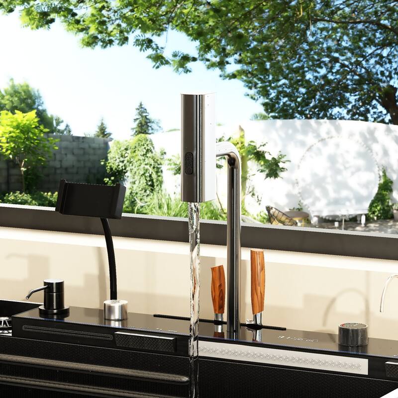 29.4 Inch Smart Kitchen Sink Workstation with LED Display, Multi-Function Faucet, Cutting Board & Drain Control